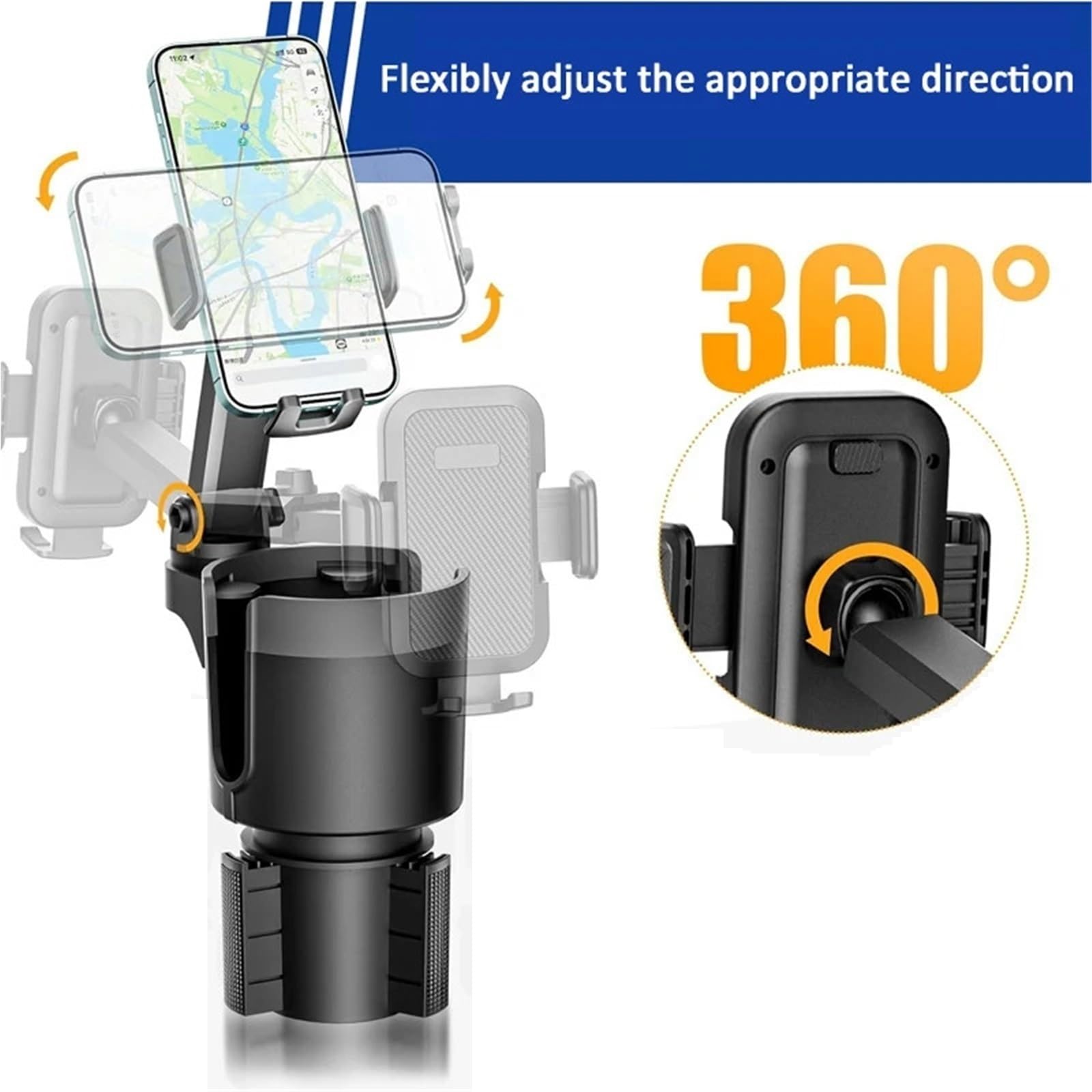 Accesorios Coche Soporte Movil Coche Supporto per Telefono portabicchieri per Auto con Base Regolabile, Rotazione a 360 Gradi Compatibile con Tutti Gli Smartphone