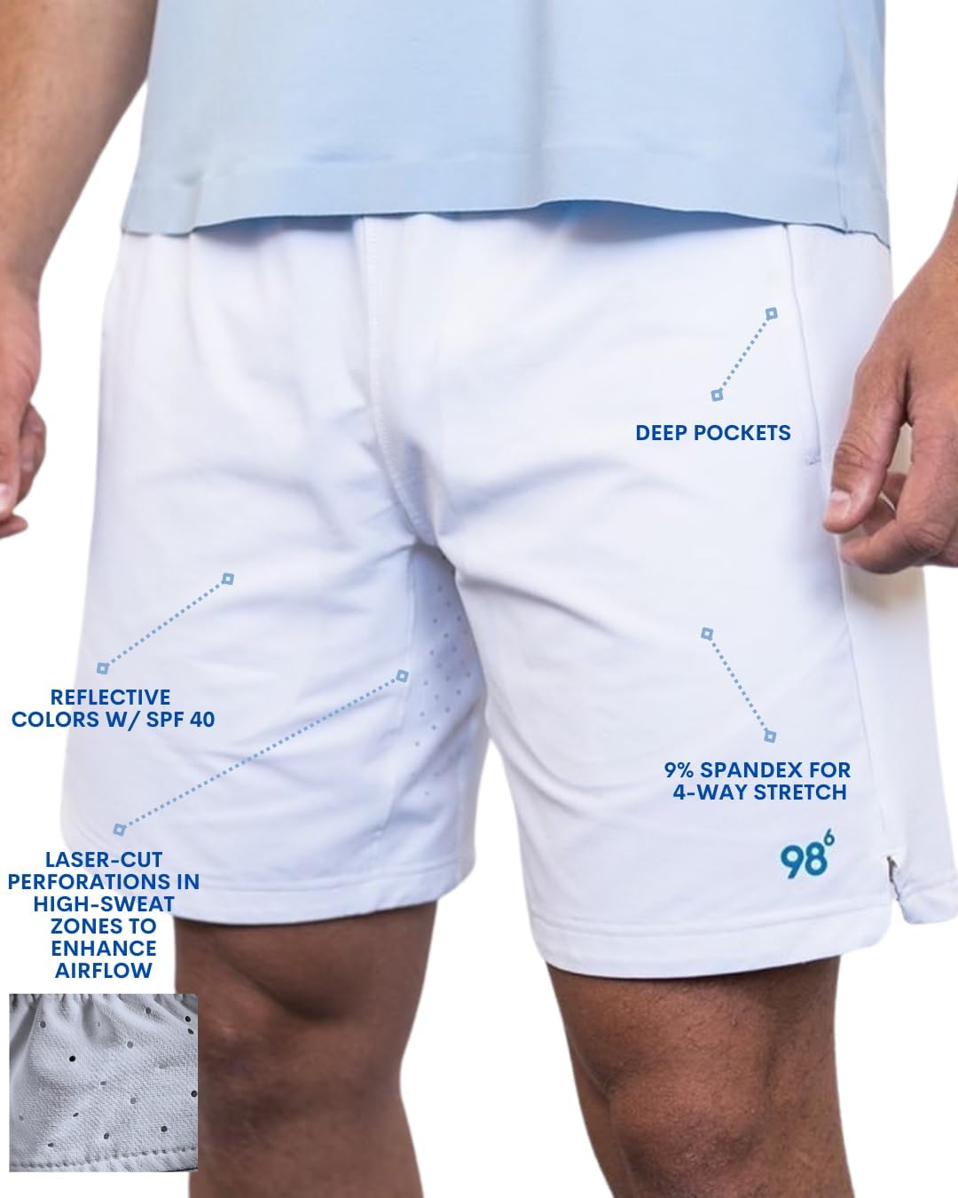 NinetyEight6 8 inch Inseam Mens Shorts : Patent, Quick Dry. Pickleball, Tennis, Gym, Golf, Running, Basketball