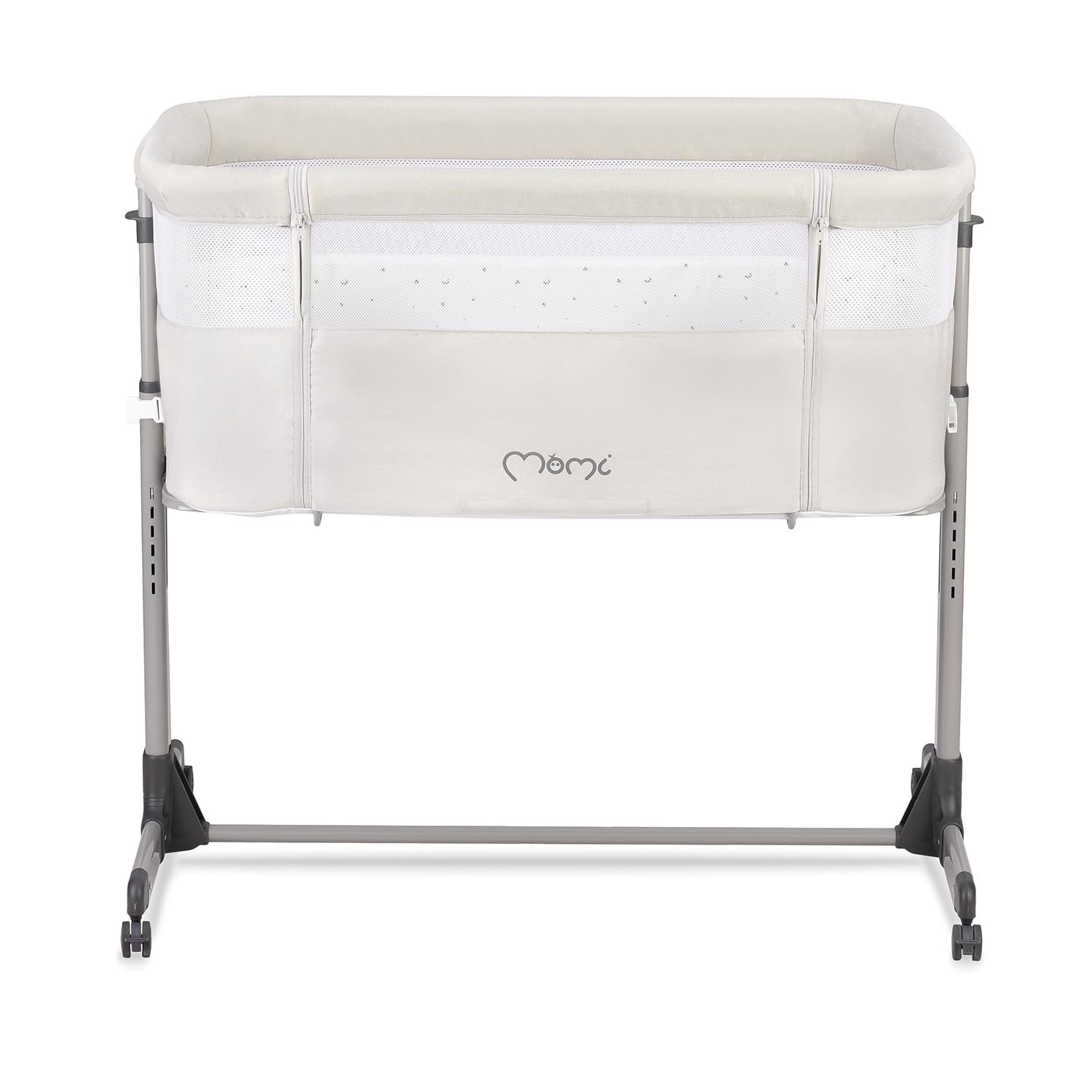 Momi REVO Cuna Multifuncional Ajustable en 6 Posiciones de Altura de 72 a 82 cm, con Ruedas, colchón Incluido, Correas de fijación, mosquitera y Barra de Juguetes