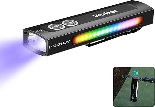 Miniatura 1 de Wurkkos HD01 Linterna UV, linterna EDC recargable, linterna LED con luz UV de 365 nm, linterna plana de 1200 lúmenes con RGB, luz de bolsillo para