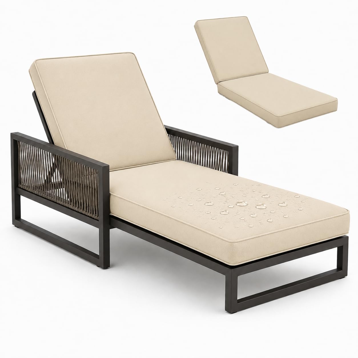 AZMAHT Sun Lounger Cushion Only Large Outdoor Cushion, Thick Padded Sunbed Cushion Mattress with Straps, Water-Resistant Rattan Lounger Replacement Pad for Garden Chair,Offwhite,178x59x8cm