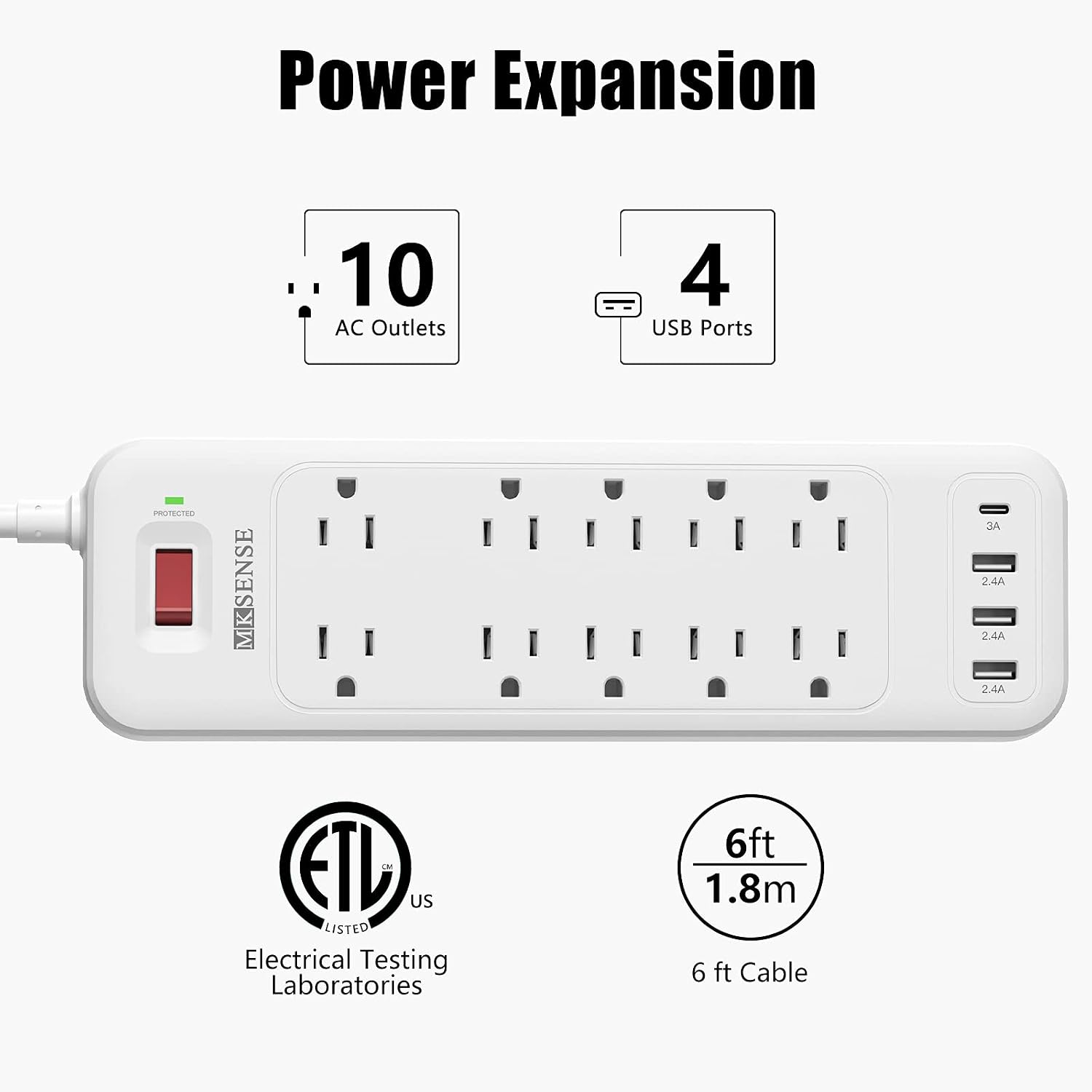 Power Strip, MKSENSE Surge Protector with 10 Outlets and 3 USB Ports (5V/2.4A) & 1 USB-C Port (5V/3A), 1875W/15A, 3600 Joules, Flat Plug, Spaced Outlets with 6ft Extension Cord for Home Office - White