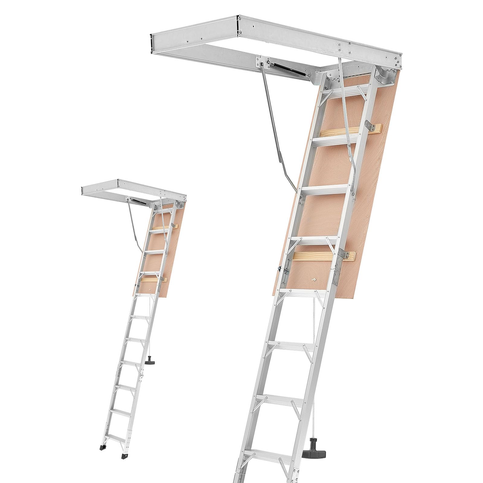 VEVOR Escalera Escamoteable de Aluminio para Techo, Escaleras de Ático Plegable con Trampilla, Cuerda de Tracción, Soporte Hidráulico, Altura Ajustable 2,34–3,15 m, Capacidad 170 kg, Ahorra Espacio