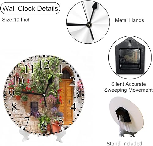 Miniatura 3 de Italian Hill Town of Assisi - Reloj de pared de 10 pulgadas, funciona con pilas, flores coloridas fuera de un hogar, reloj moderno silencioso sin