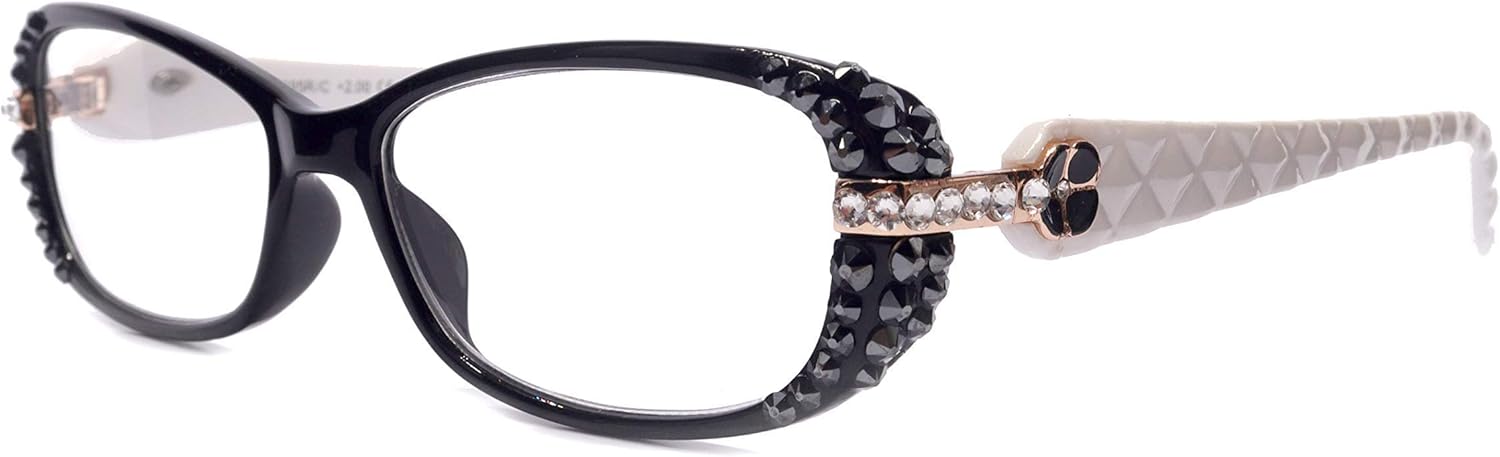 NY FIFTH AVENUE Glamour Quilted, (Bling) Reading Glasses For Women W (Hematite, Clear) Crystal (Black, White)