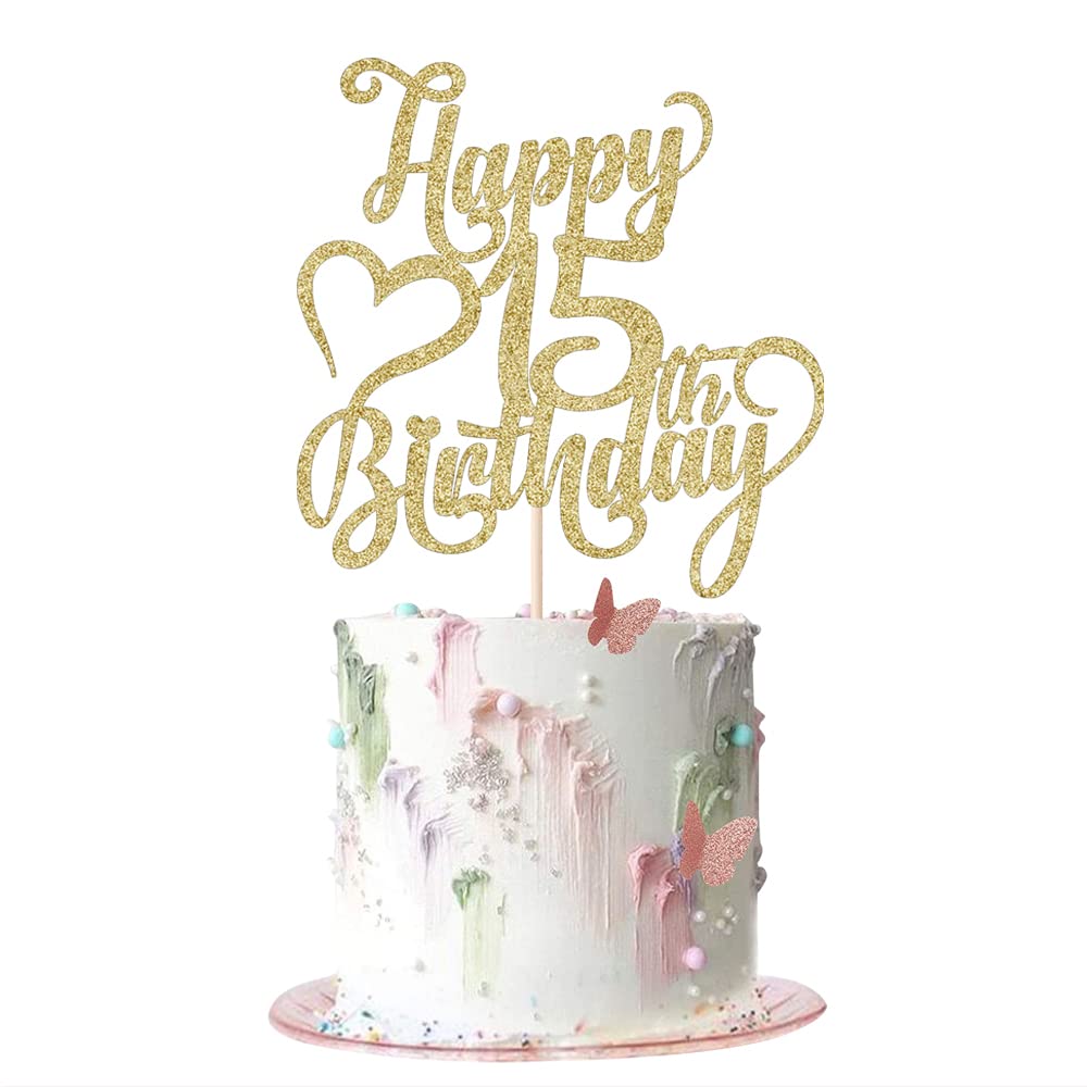 AROKIPPRY Gold Glitter Happy 15th Birthday Cake Topper - 15 Anniversary/Birthday - Hello 15, Cheers to 15 Years,15 & Fabulous Cake Topper Party