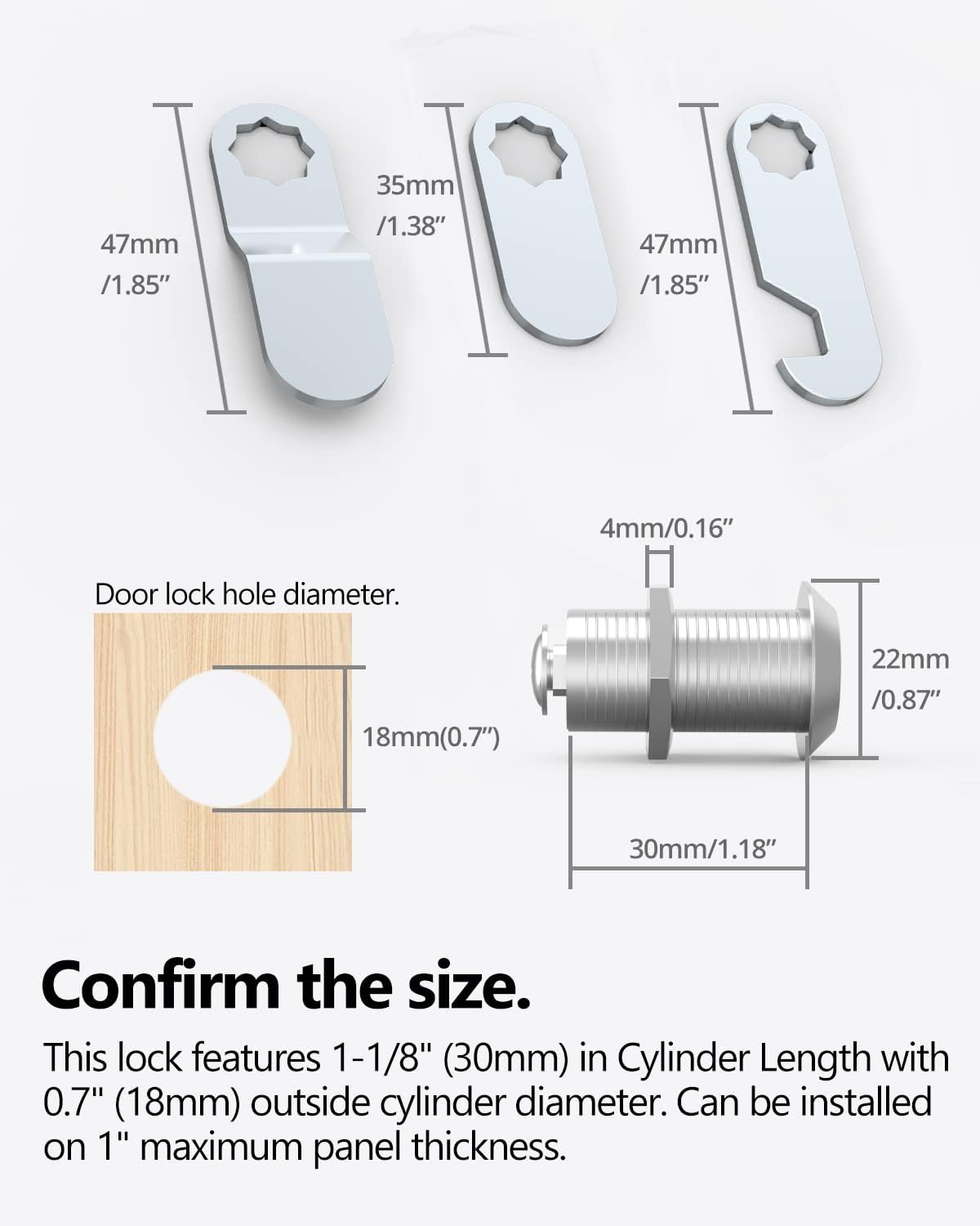 8 Packs Drawer and Cabinet Locks (Keyed Different) Secure Important Files, 1-1/8Inch 30mm Cam Locks with 3 pcs Different Lock Plates for Cabinet Cupboard File Drawer Mailbox Dresser Kitchen