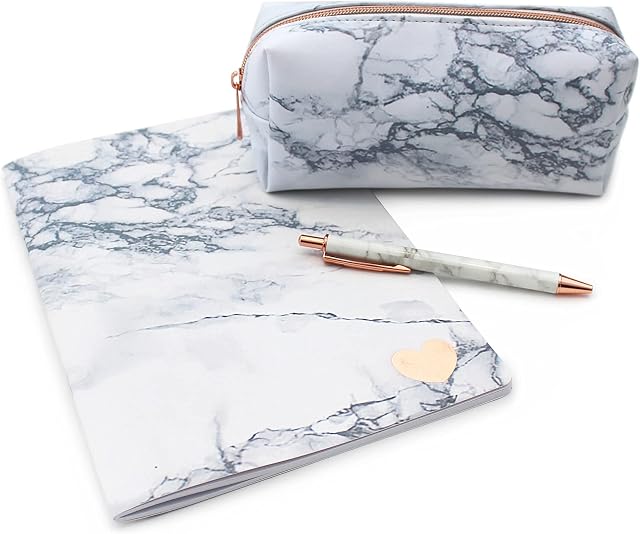 Fashion Stationery White Marble Pencil Cases Lined Notebook Notepad & Ballpoint Pen Girls Ladies Teenagers Birthday Gifts for Women