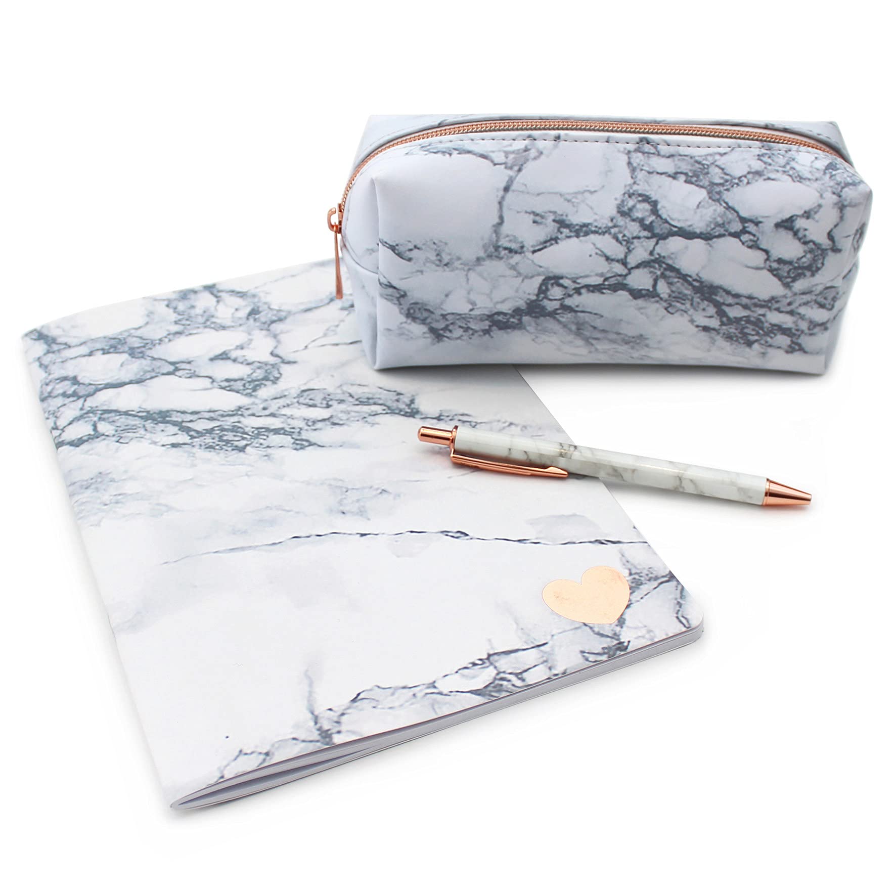 Fashion Stationery White Marble Pencil Cases Lined Notebook Notepad & Ballpoint Pen Girls Ladies Teenagers Birthday Gifts for Women, White, Rose Gold, School Bag