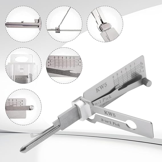Stainless Steel Key Decoder Master Key Decoder 2-in-1 Lock Pick Precision Hook Pickup Combination (KW5) Silver