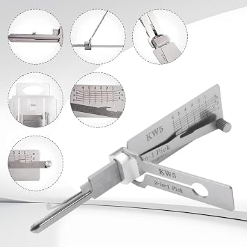 Stainless Steel Key Decoder Master Key Decoder 2-in-1 Lock Pick Precision Hook Pickup Combination (KW5) Silver