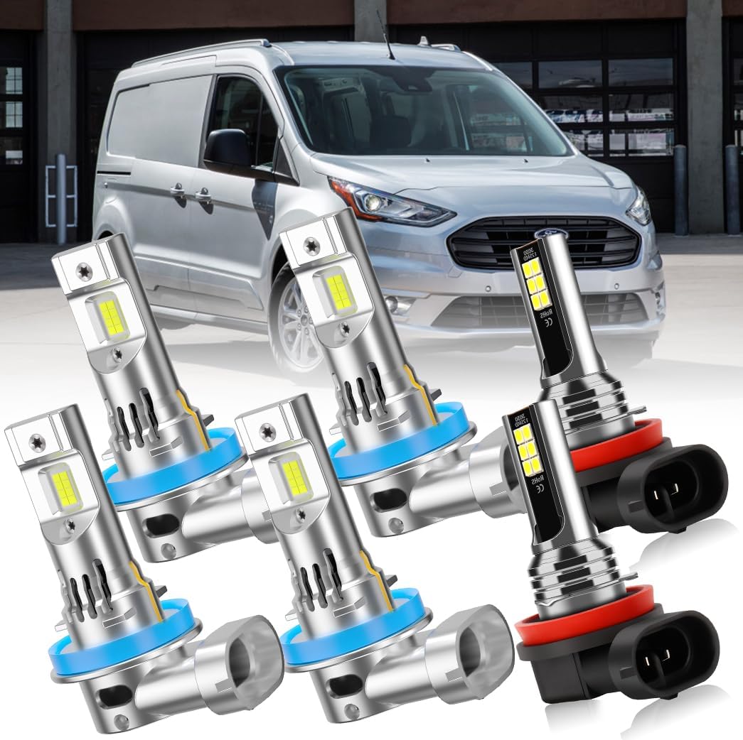 LED Upgrade Light Bulbs for Ford Transit Connect 2014-2023, H11/H9 High Beam and H11 Low Beam and H11 Fog Light Kit, 6000K White, 12000 Lumens, 60W, Pack of 6