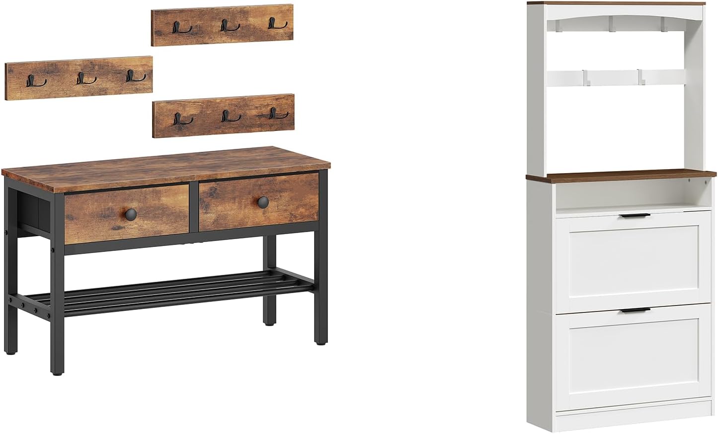 Hall Tree with Bench and Shoe Storage, Tall Shoe Cabinet with Flip Drawers and Coat Rack, MT05BR-SC01WHY1