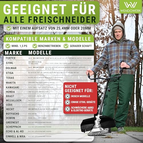 Foto von WENDOWERK® Profi Unkrautbürste Freischneider mit 25,4mm Bohrung [2025] - Effektive Unkrautentfernung - Wildkrautbürste für Motorsense Inkl. Installationszubehör - Drahtbürste Freischneider