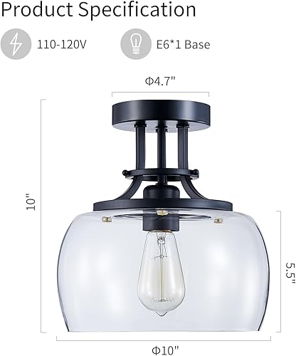 Miniatura 2 de WUZUPS Lámpara de araña rústica de granja industrial redonda semiempotrada de techo con luces LED y pantallas de vidrio transparente para baño,
