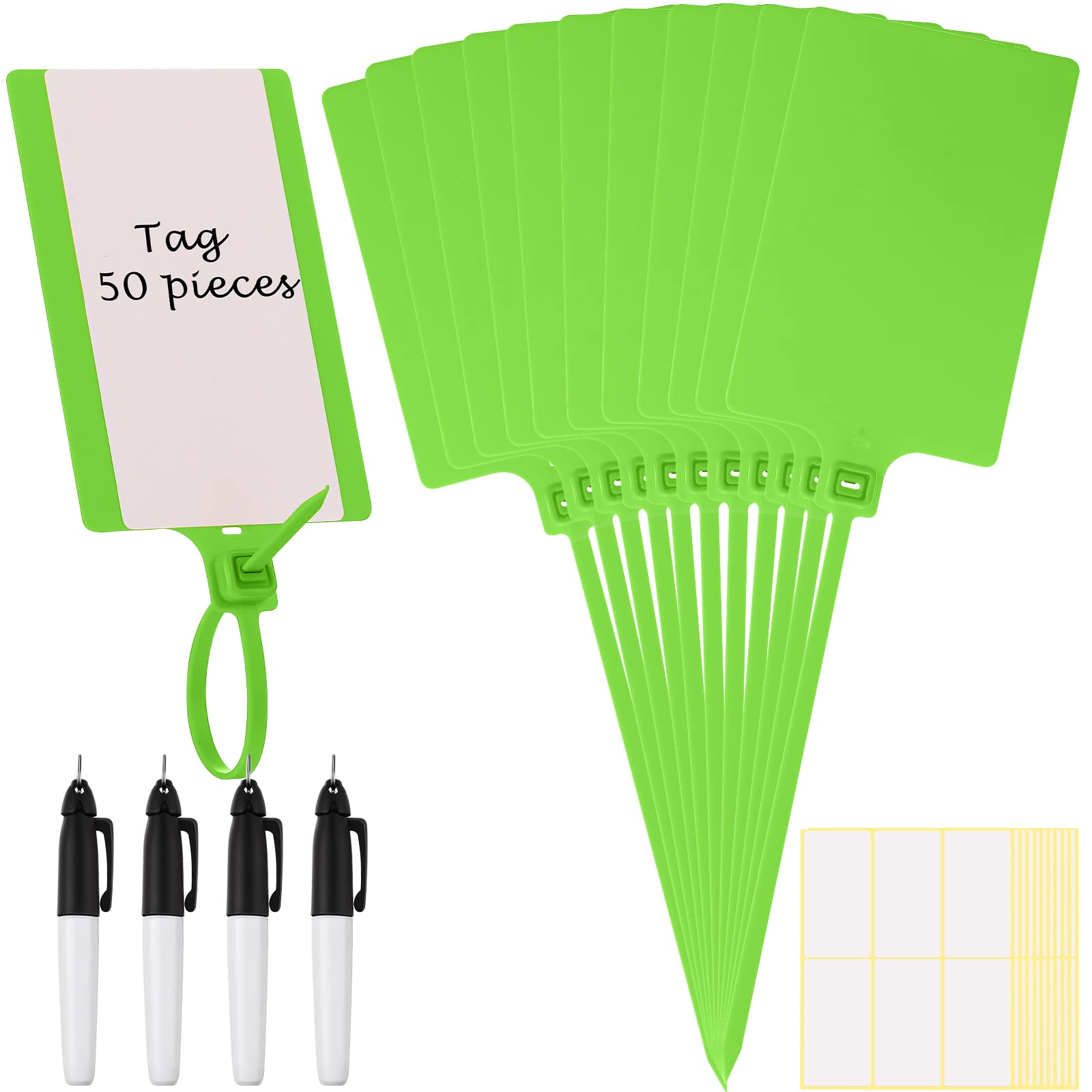 Pajean Waterproof Plastic Tags with Marker Pens and Sticker Labels, Self Locking Bag Writable Tags with Wire Cable Ties for Luggage(Green,50 Pieces)