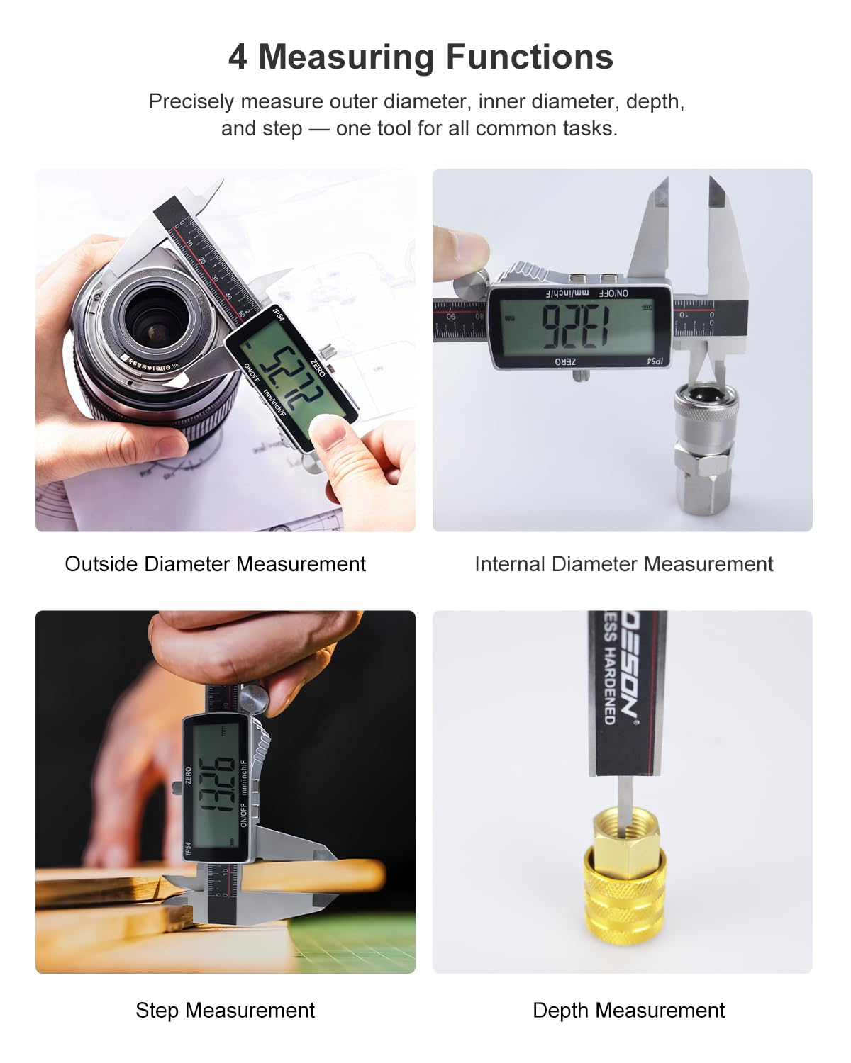 GODESON Calibrador digital, herramienta de medición de calibrador IP54, acero inoxidable y pantalla LCD grande, micrómetro digital recargable, pantalla en pulgadas/métrica/fracciones, calibradores