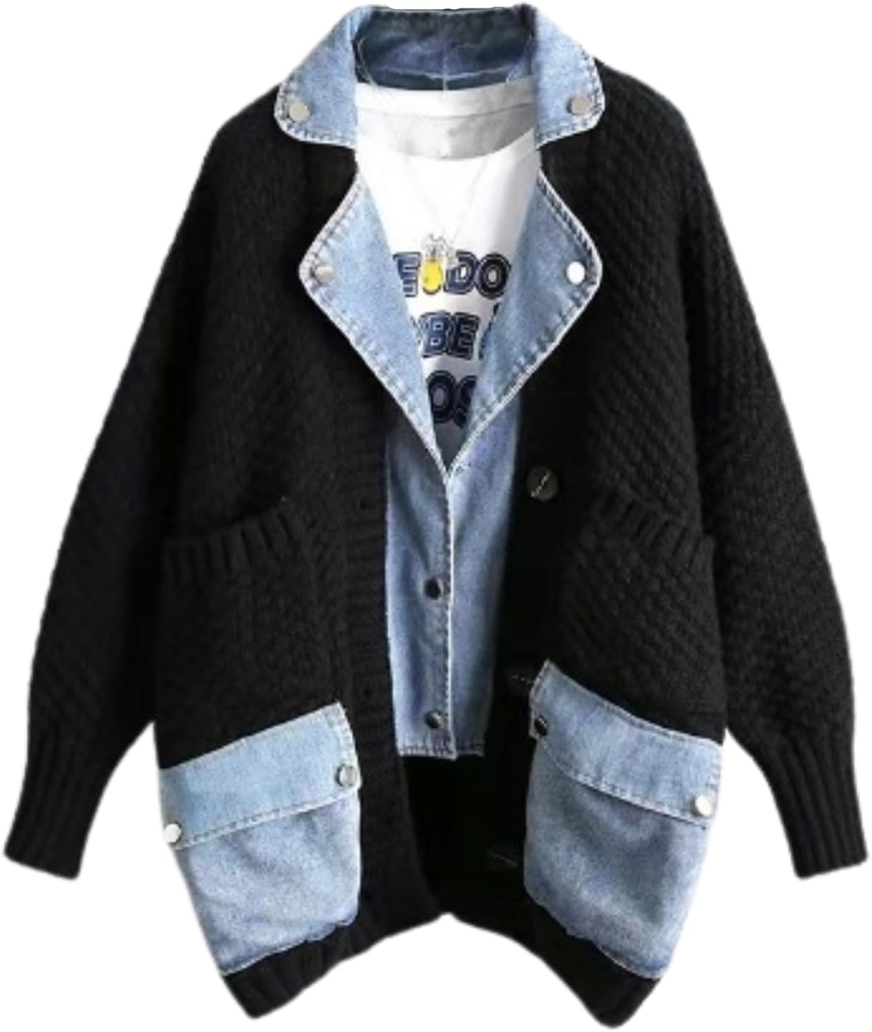 FindThy Women’s Trendy Button Up Cardigan Long Sleeve Color Block Jean Cardigan Coats