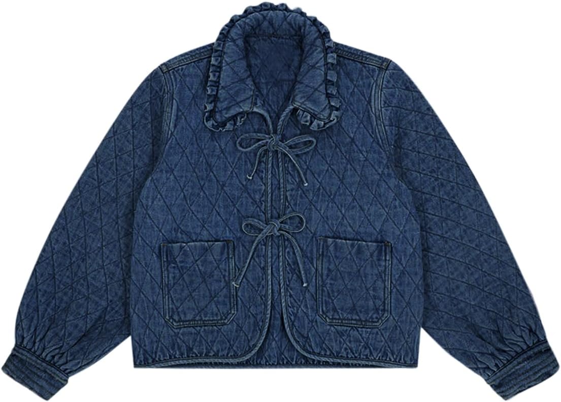Tankaneo Womens Quilted Denim Puffer Jackets Tie Front Bow Cropped Puffy Jackets Fall Cute Short Jeans Coat - Image 6
