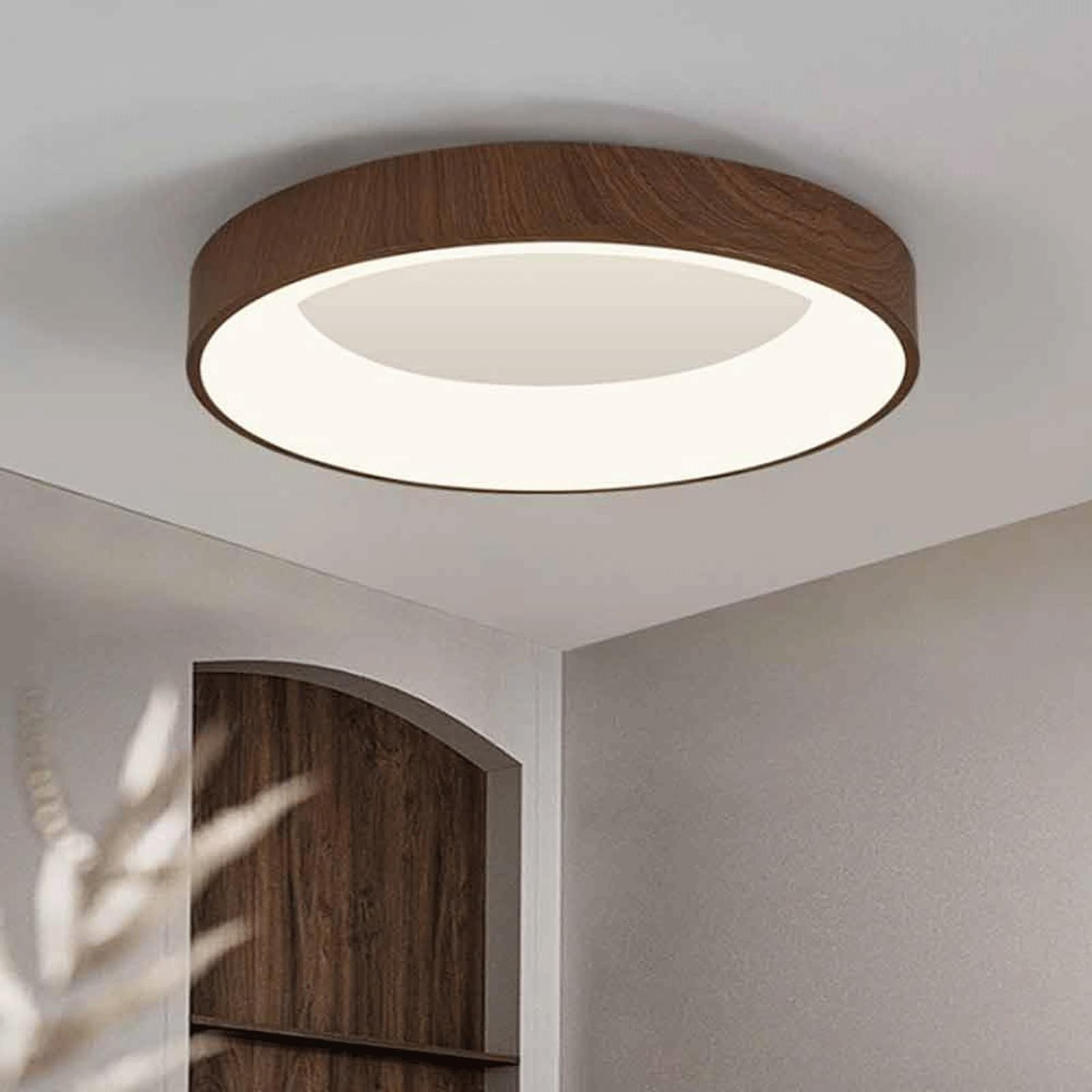 Okrągła wpuszczana lampa sufitowa LED, żyrandol, oświetlenie blisko sufitu, regulowana temperatura barwowa 3000K/4000K/6000K (drewno, 40 cm/15,7 cala)
