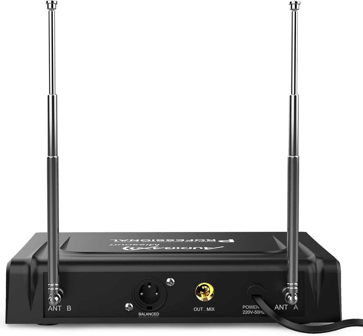 Trasero view of the Audibax Missouri 2000 A receiver unit showing antenna connections, balanced XLR output, and mixed output