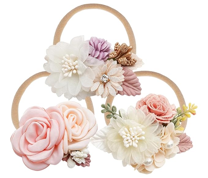 3PCS Baby Girl Floral Headbands Newborn Soft Ela