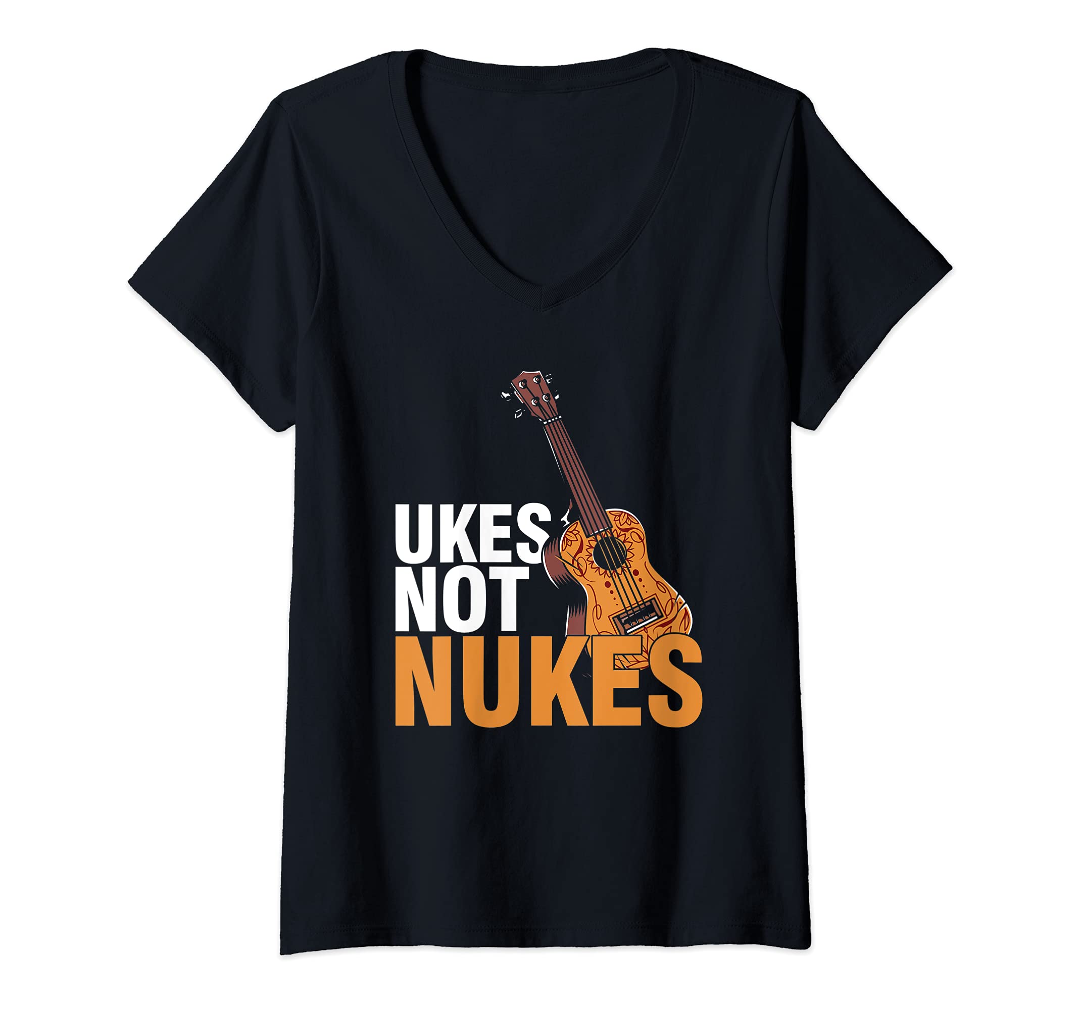 Womens Ukes Not Nukes Guitar Acoustic Musician Hawaiian Hawaii Uke V-Neck T-Shirt, Black