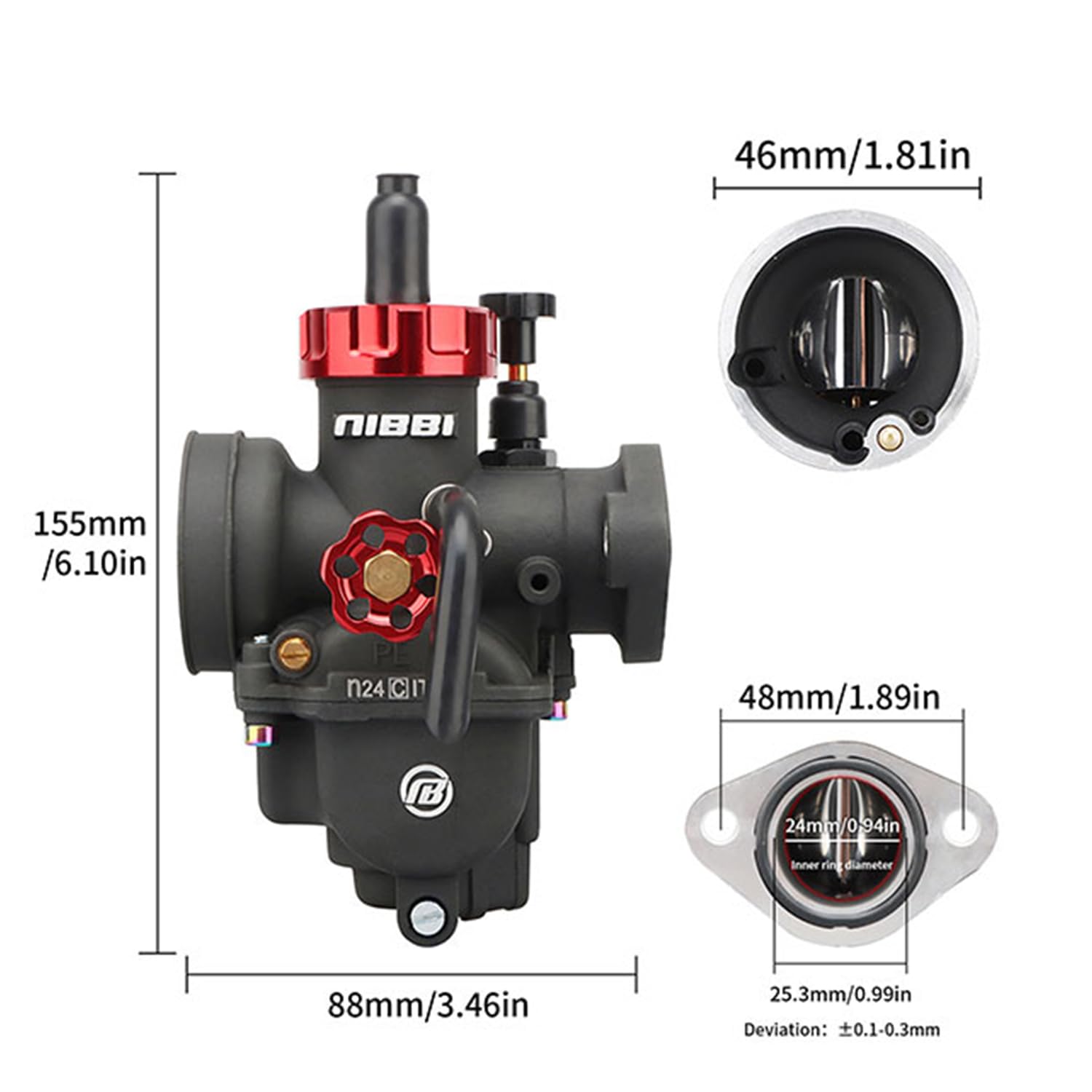 Nibbi Carburador PE24mm con Filtro de Aire CNC 48mm, Kit de Brida para Moto 140cc- 150cc, Compatible con Dirt Bike, Pit Bike, ATV, Pocket Bike