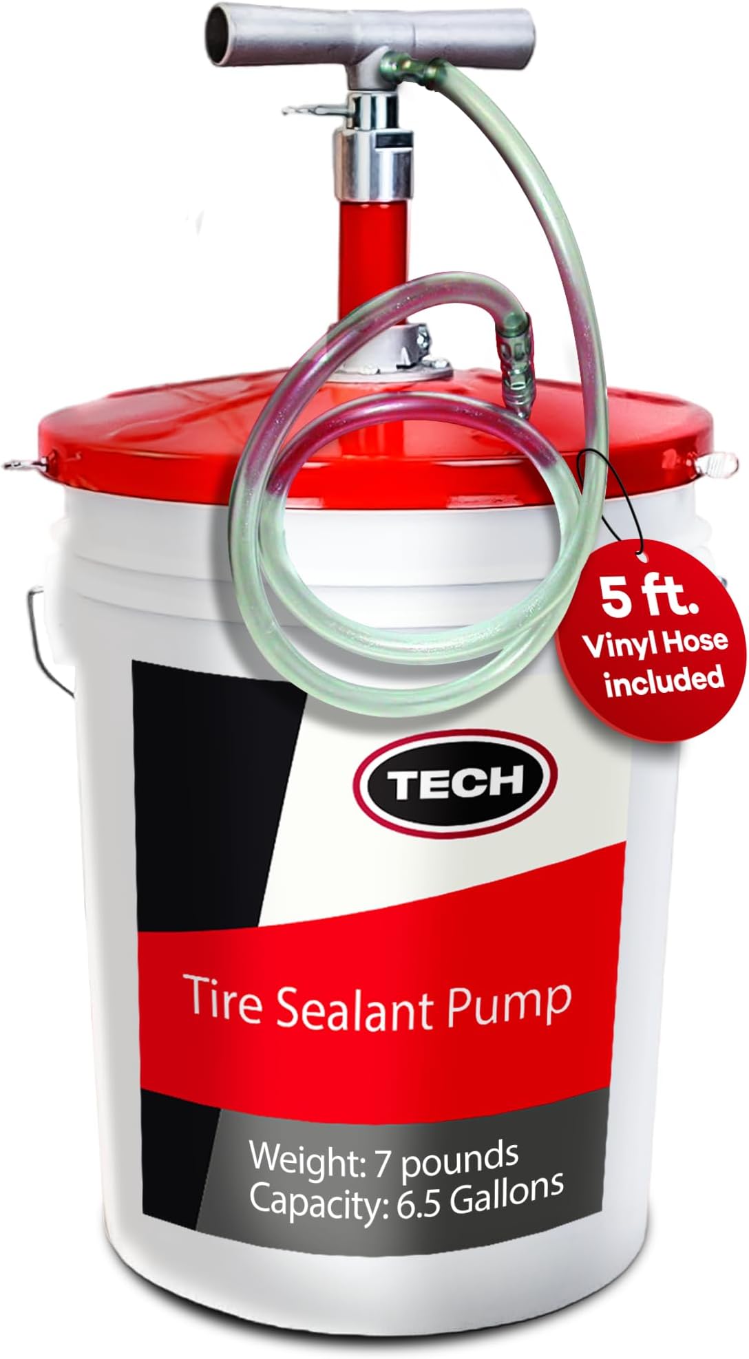 TECH Multiseal Tire Sealant Pump - Hand Operated for 5 to 6 ½ Gallon Pails, Adjustable Collar, Includes Return Valve, 5 ft. Vinyl Hose & Powder Coated Cover, Easily Fills Leaks and Extend Tire Life