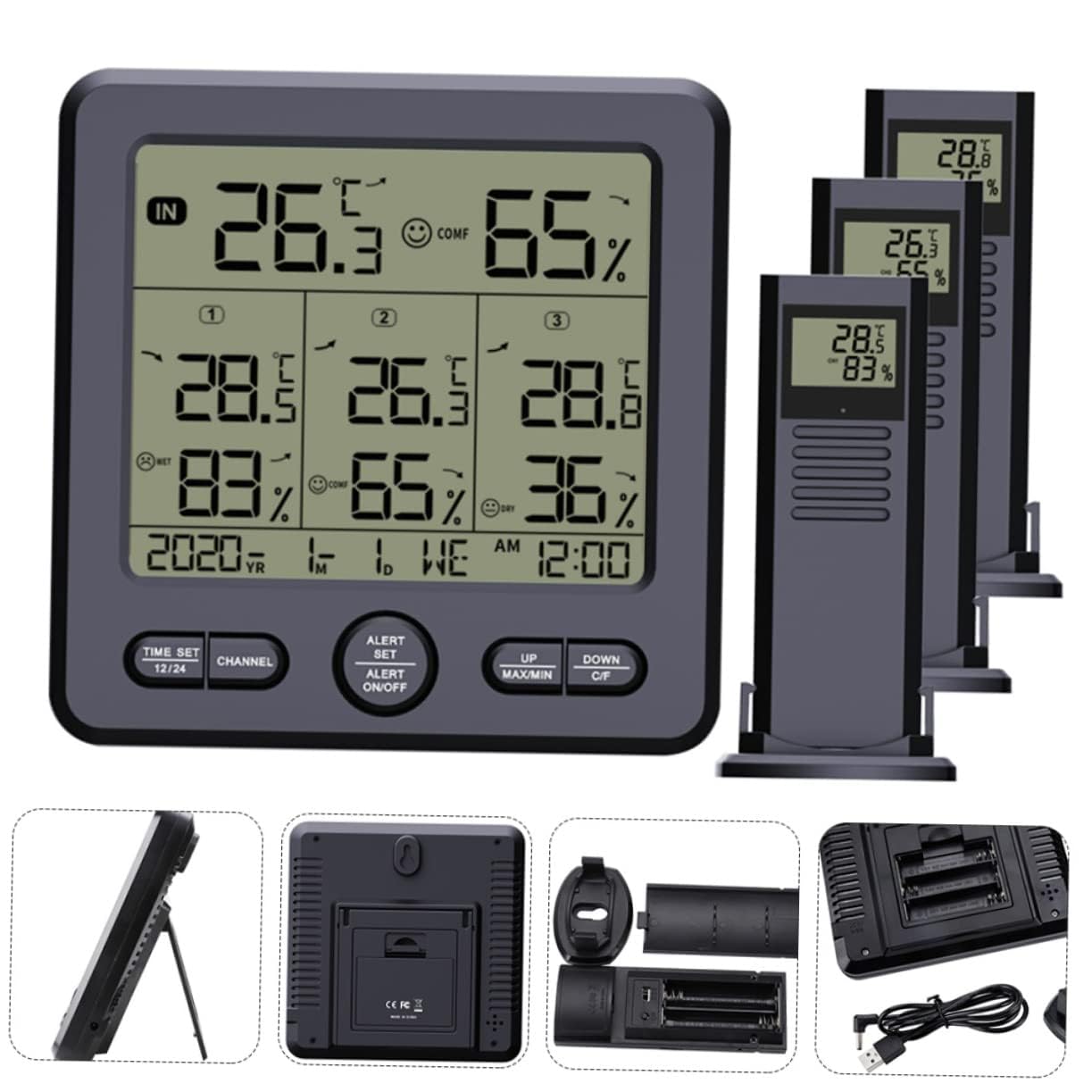 Sensore Stazione Meteo, Igrometro Esterno per Interni Display LCD Termometro Digitale con Retroilluminazione, Distanza di Trasmissione 100 M, Funzione Allarme, Display Orologio black