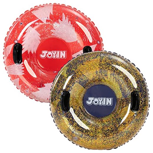 JOYIN 34" Inflatable Snow Tubes with Glitters (2 Packs) for Kids and Adults, Heavy-Duty Snow Tube for Sledding, Great Inflatable Snow Tubes for Winter Fun and Family Activities