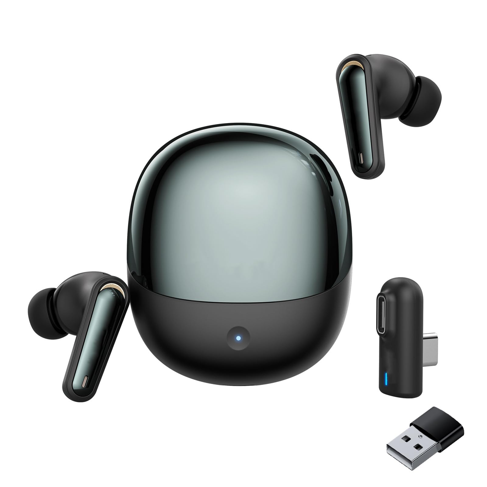Denash Écouteurs de Jeux sans Fil, Mode Double Bluetooth à Faible Latence 2,4 GHz avec Micro ENC, Dongle USB C pour Tablette Téléphonique PC Console de Jeu PC (Black)