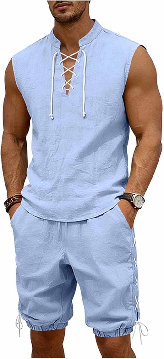 Men's Beach Fashion Suits Henley Sleeveless Lace Up Tee Shirts Short Baggy Joggers Pnats with Pockets Casual Sets