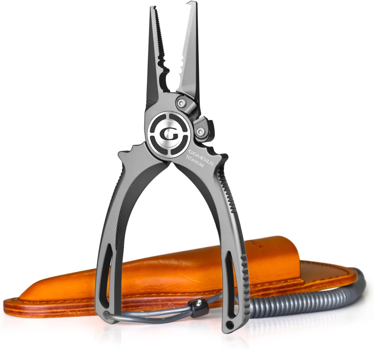 GOMEXUS Titanium Fishing Pliers 7'' with Side Cutters, Lanyard & Leather Sheath, Never Rust Hook Remover, Saltwater Resistant, Inshore & Nearshore Fishing (Straight Nose, 7 INCHES)