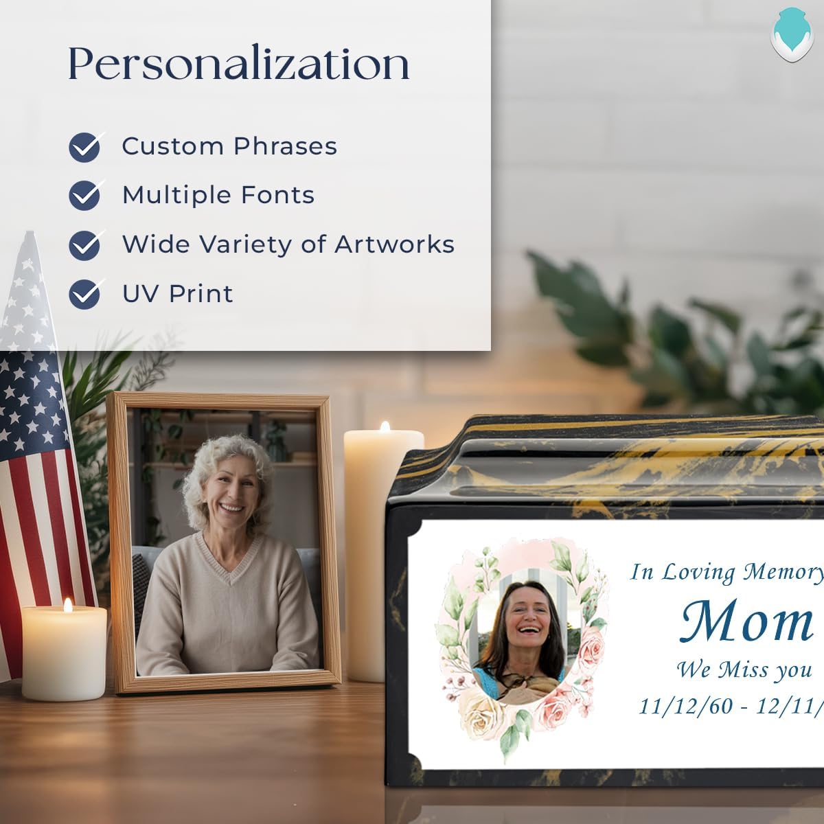GetUrns Cultured Marble Urn Vault by Mackenzie with Personalized Flower Photo Frame and Text for Human Ashes I Black & Gold Adult Urns for Male and Female I 210lbs
