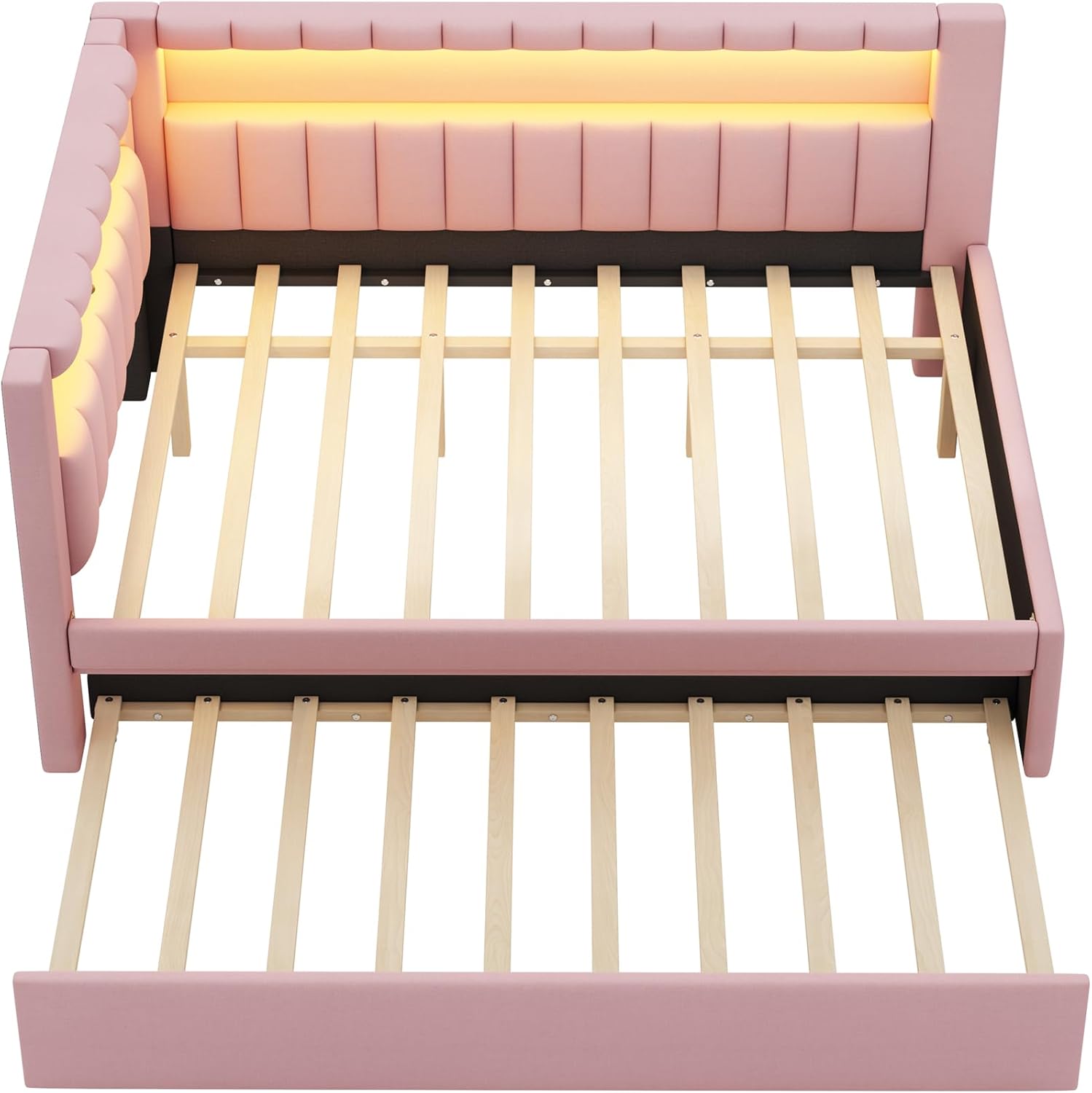 Full Size Upholstered Daybed with Trundle and LED, USB-Ports, L-Shaped Corner Unit Sofa Day Bed Frame with Storage Bookshelf, Girls, Kids, Adults, Boys, Pink