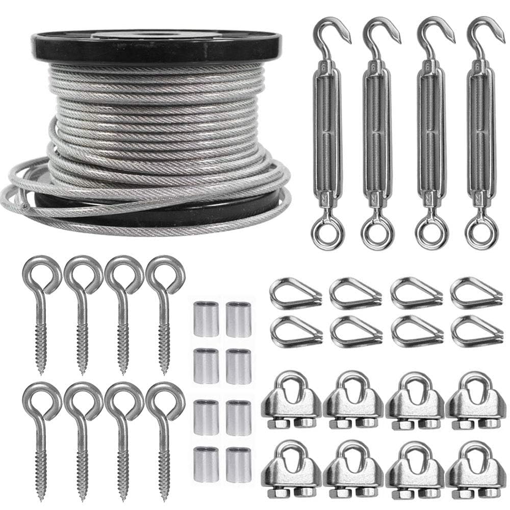 TooTaci 3/16 Wire Rope Kit, 200ft Vinyl Coated Stainless Steel Cable(1/8 Steel Core Overmolded to 3/16 Coated Cable), M6 Turnbuckles for Cables Wire, String Light Hanging, Deck Railing, Shade Sail