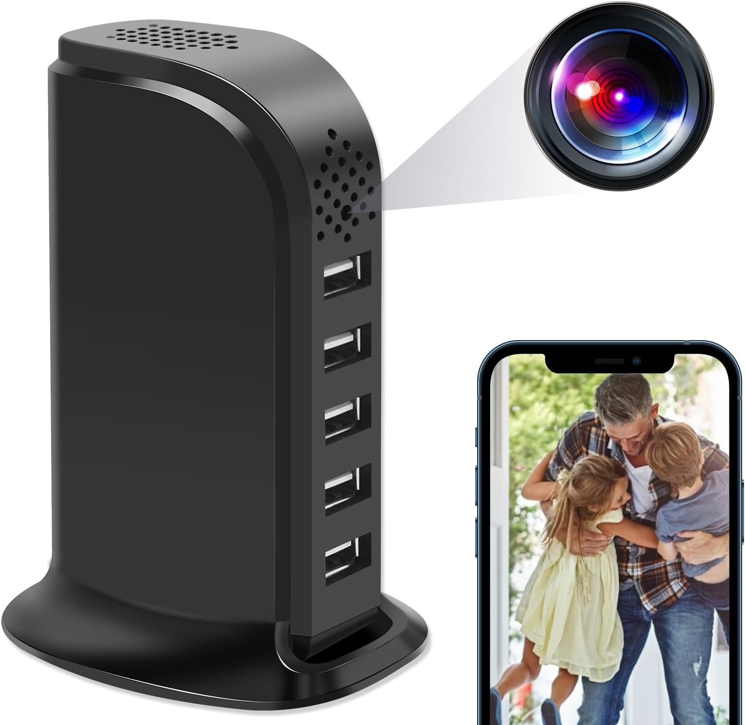 4U WiFi USB Charger Hidden Camera 5-Port USB Hub 1080P Spy Camera Wireless Security Nanny Cam Mini Video Recorder with Motion Detection, Support iOS/Android