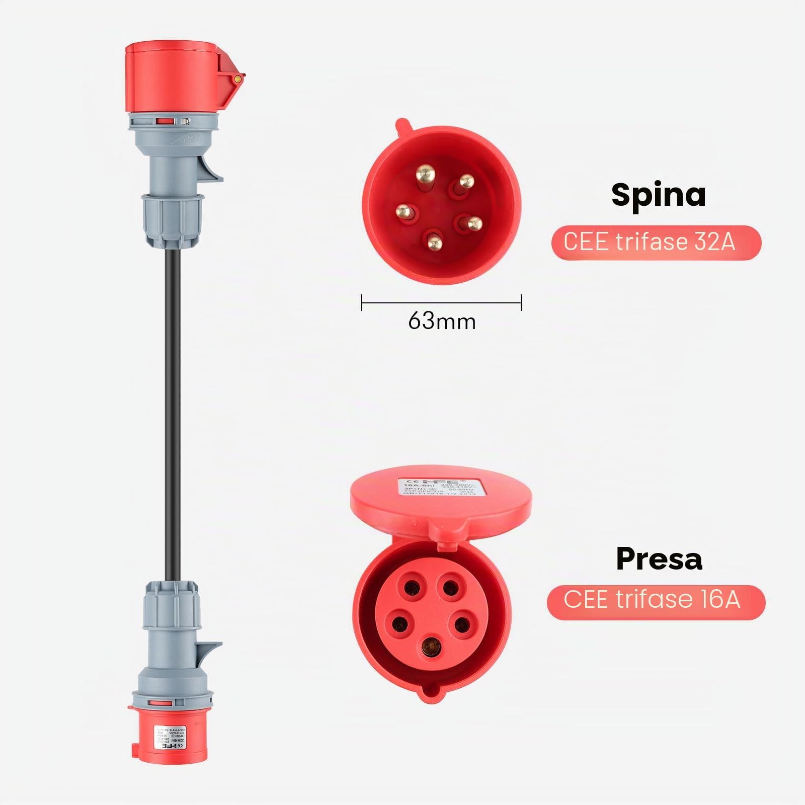 3 adattatori CEE con spina Schuko, set di adattatori CEE 16 A, 5 poli | Per presa CEE rossa 32 A/CEE blu 16 A/230 V, 3 x 2,5 mm² H07RN-F 16 A, set adattatore di corrente da campeggio