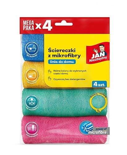 JAN NIEZBĘDNY Mikrofasertücher/Für Zuhause/Fürs Büro/Für die Küche/Für die Toilette/Universell/Saugfähig/Effizient/Keine Reinigungsmittel/Trocken und nass/Keine Streifen/ 4 Stück/Farbmix