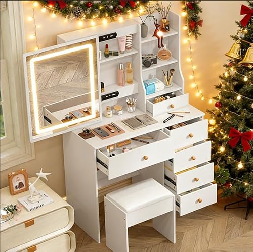 Teousev Small Makeup Vanity,Makeup Vanity Desk with 6 Drawers 6
