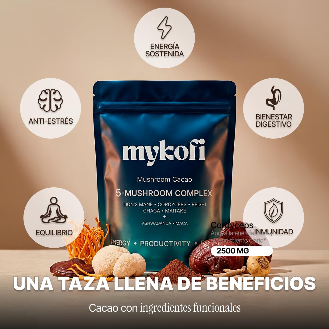 Cacao con Hongos Adaptógenos 7 en 1 – Melena de León, Cordyceps, Reishi, Chaga, Maitake, Ashwagandha y Maca – Energía Natural, Enfoque Mental y Bienestar Diario – 30 Raciones