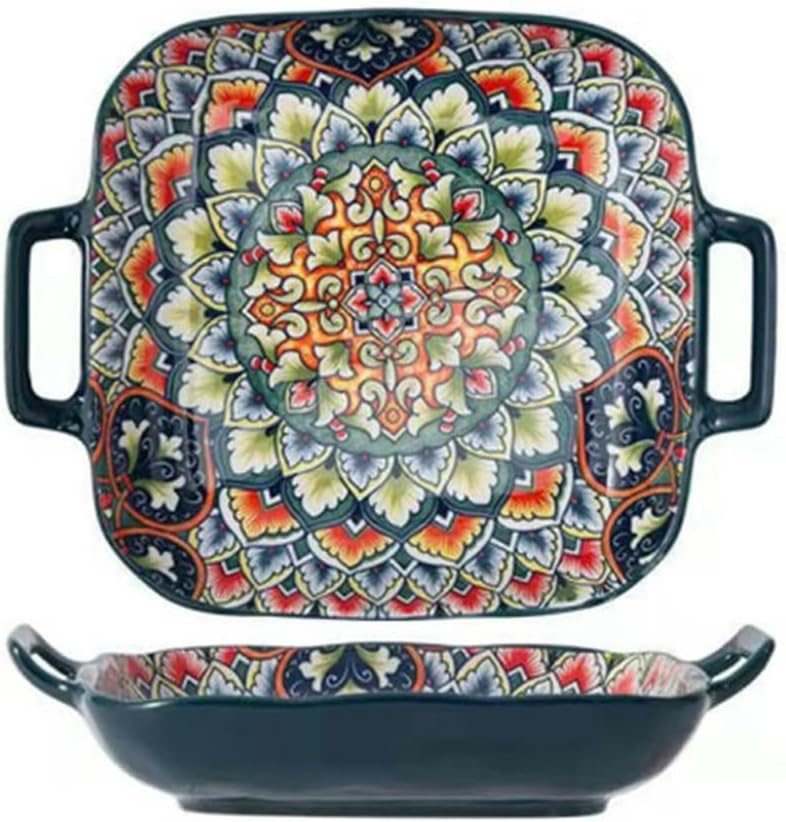 Vintage Rice Bowls ，Ceramic Tableware Rice Bowl, exquisite ceramic household dishes with high temperature resistance,creative(9-inch binaural square disk)