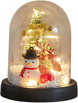 LED Christmas Tree Cloche Glass Dome 5 Inch Snowman Display Decorative Bell Jar with Base Lighte up Decoration for Flower Tabletop Centerpiece Home Christmas Party Decor