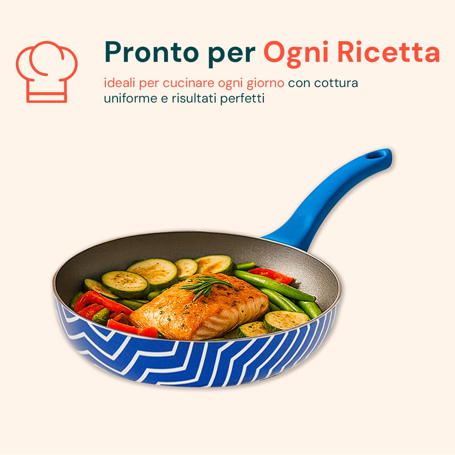 Avilia - Set Padelle Antiaderenti 24-28 cm con Rivestimento a Base d’Acqua per Cottura Sana e Uniforme, Lavabili in Lavastoviglie, Compatibili con Induzione, Manico Ergonomico e Design Mare