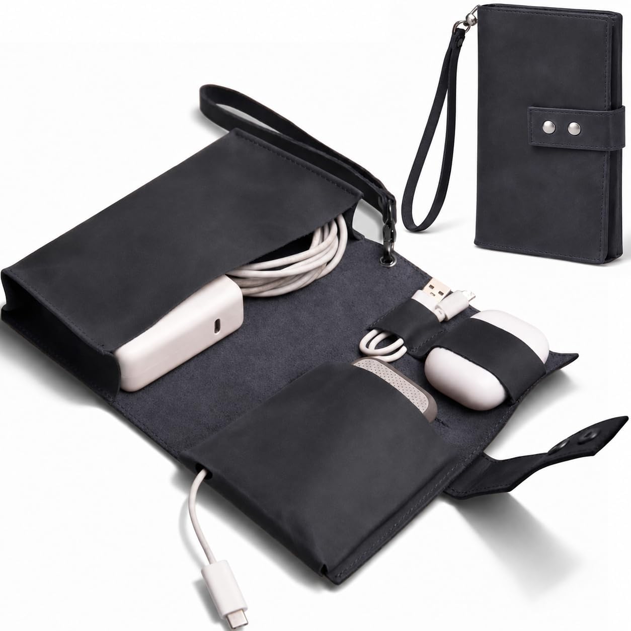 Leather Travel Organizer Bag for Cables, Chargers & Accessories | Compact Electronic Organizer Travel Case with Multiple Pockets | Portable Gadget Organizer