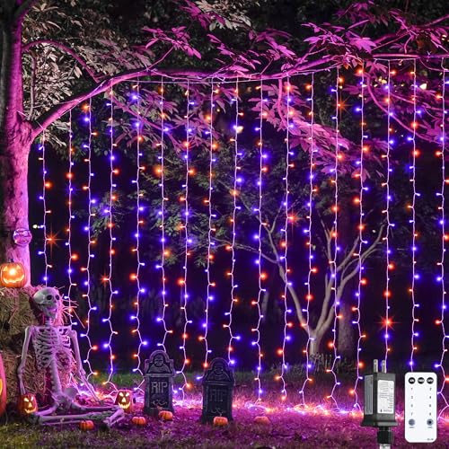 JMEXSUSS 300LED Halloween Curtain Lights Orange and Purple 9.8x9.8ft