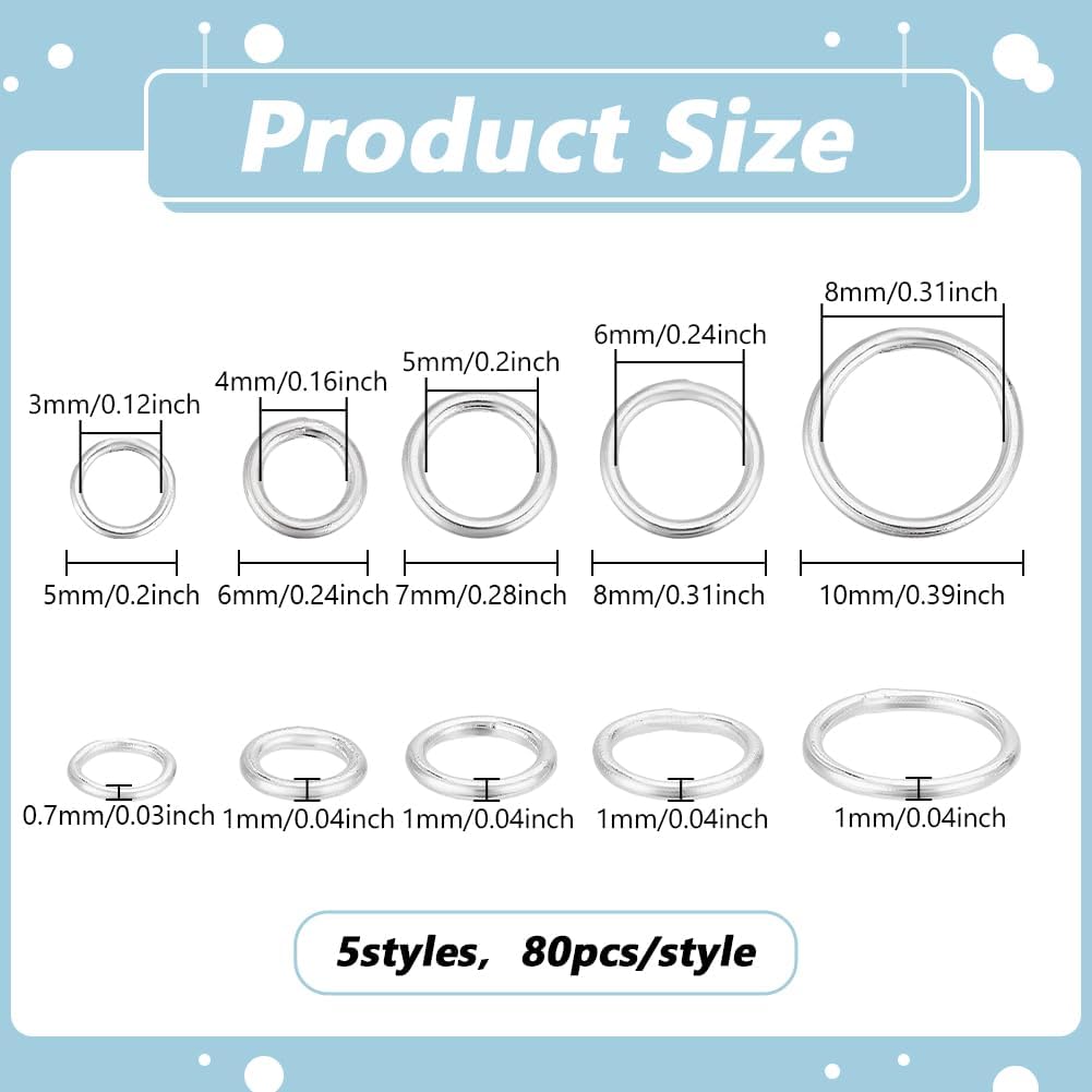 PH PandaHall 400pcs Closed Jumps Rings, 5 Size Brass Soldered Jump Rings 18~21 Gauge Silver Round Rings Chainmail Rings Junction Rings Jewelry Connector for DIY Bracelets Necklaces Keychain, 5~10mm