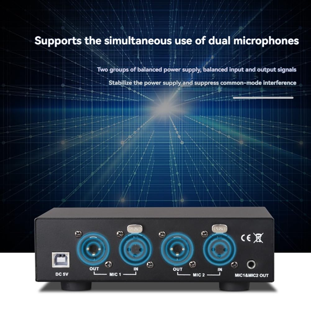 Fuente de Alimentación Fantasma 2 Entradas y 2 Salidas de 48 V. Alimentación Fantasma Compacta Universal para Micrófonos de Condensador y Equipos de Grabación de Música.