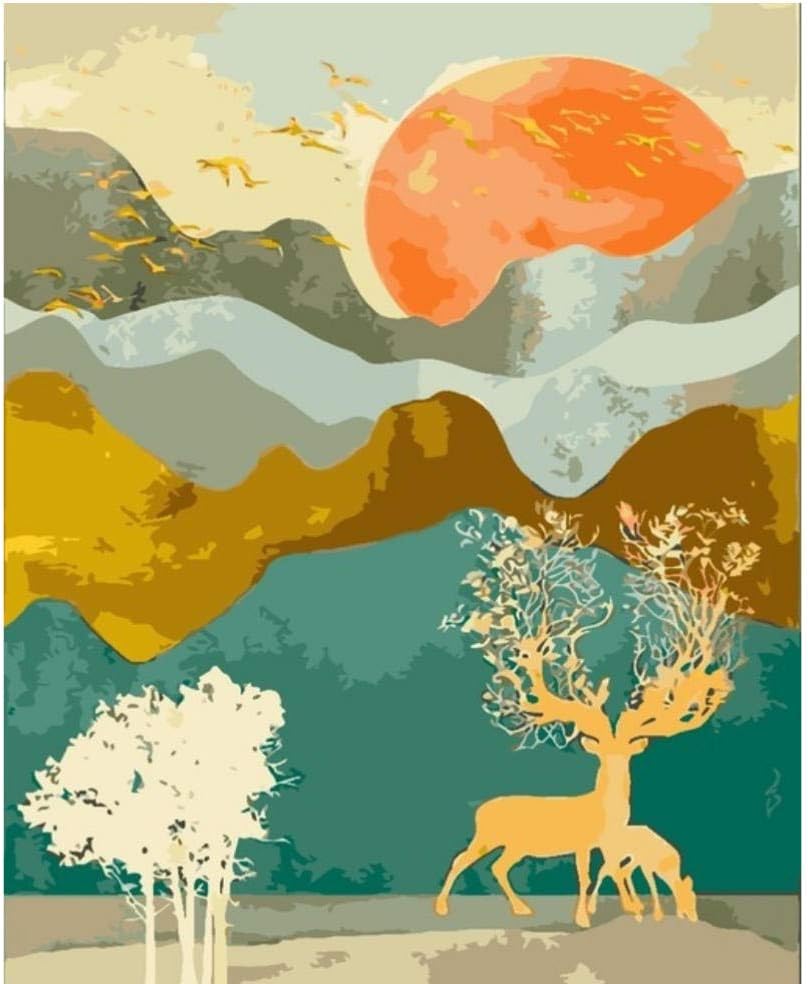 MRQXDP Orange Sun Mountain Elk Mountain Sunrise Landscape DIY Picture Painting By Numbers Hand Painted Oil Painting Wall Art Home Decoration Gift